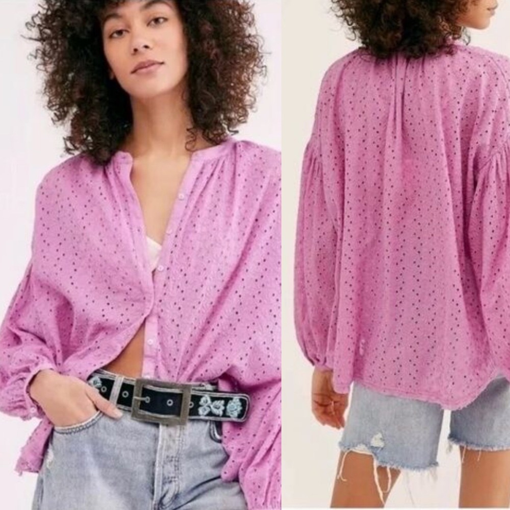 Free People Maddison Eyelet Balloon Long Sleeve Top Orchid Purple Cottagecore S